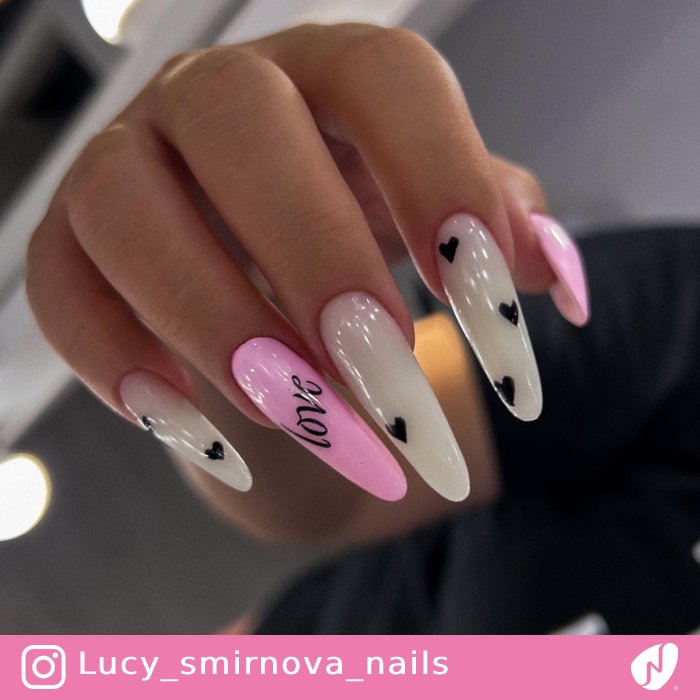 Milky White and Pink Heart Nails
